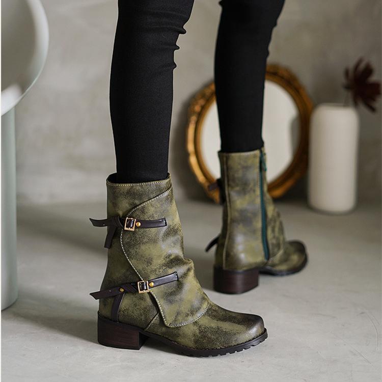 Women retro short buckle strap side zipper chunky heel boots