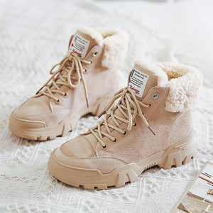 Women plush keep warm lace up ankle platform boots