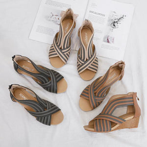 Women fashion criss cross strap 
back zipper wedge sandals