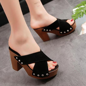 Women's peep toe criss arch support chunky high heel slip on sandals