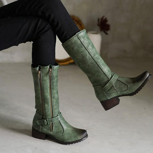 Women chunky heel buckle strap zippers mid calf boots