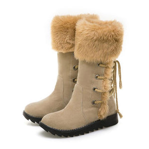 Women Winter Lining Faux Fur Keep Warm Flat Heel Back Lace Up Mid Calf Snow Boots