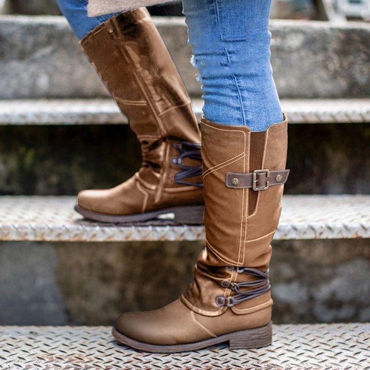 Women Elastic Calf Studded Buckle Strap Square Heel Chunky Platform New Fashion Winter Snow Boots