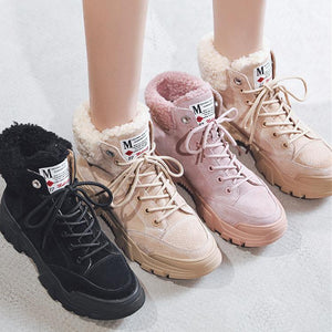 Women plush keep warm lace up ankle platform boots