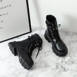 Women black lace up buckle strap back zipper chunky platform boots