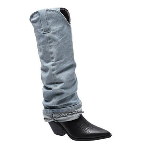 Women pointed toe trouser leg patchwork chunky heel knee high boots