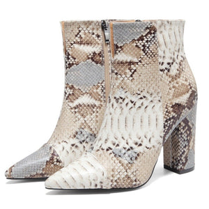 Women's fashion snakeskin pattern ankle boots pointed toe zipper booties
