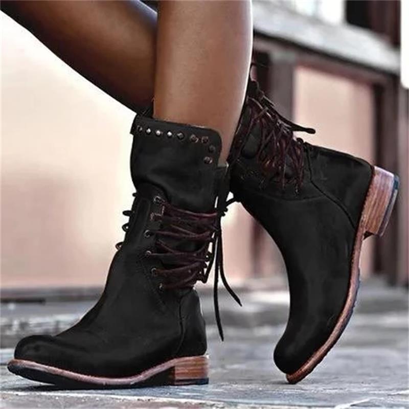 Women Lace Up Back Zipper Studded Western Knight Chunky Heel Platform Boots