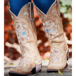 Women's vintage flower embroidery cowboy boots pointed toe mid calf cowgirl boots