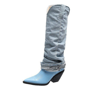 Women pointed toe trouser leg patchwork chunky heel knee high boots