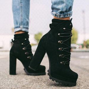 Women's suede chunky high heel ankle boots rivets décor front lace booties