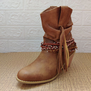 Women fringed woven strap chunky heel short cowboy boots