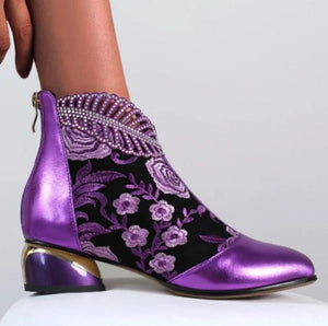 Women fashion embroidered flower hollow leaf block heel boots