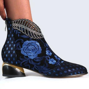 Women fashion embroidered flower hollow leaf block heel boots