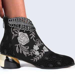 Women fashion embroidered flower hollow leaf block heel boots