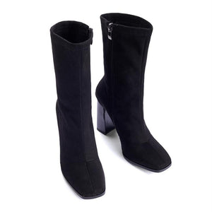 Women mid calf chunky high heel square toed boots