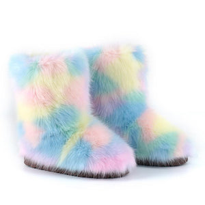 Women's multiclor fashion fluffy snow boots plush lining non-slip flat winter warm booties