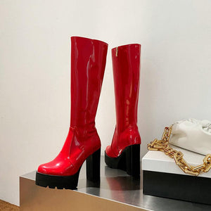 Women chunky high heel platform zipper knee high booots