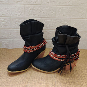 Women fringed woven strap chunky heel short cowboy boots