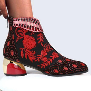 Women fashion embroidered flower hollow leaf block heel boots