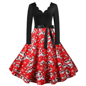 Women's big swing vintage A-line print Chritstmas party dress v-neck sexy new year party long sleeve dress