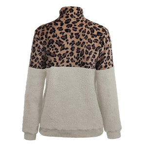 Women Zipper Paneled Fur Leopard Sweatshirt With Pockets