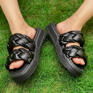 Women woven two strap summer outdoor slide flat sandals