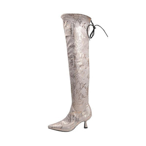Women's stiletto heel snakeskin print elastic thigh high boots