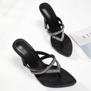 Women criss cross strap sparkly rhinestone slide flip flop heels