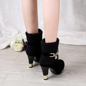 Women's high heels knit cuff fold down bootsies metal décor slip on booties