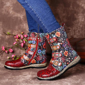 Women New Fashion Folk Custom Flower Printed Winter Fall High Cut Buckle Strap Flat Boots