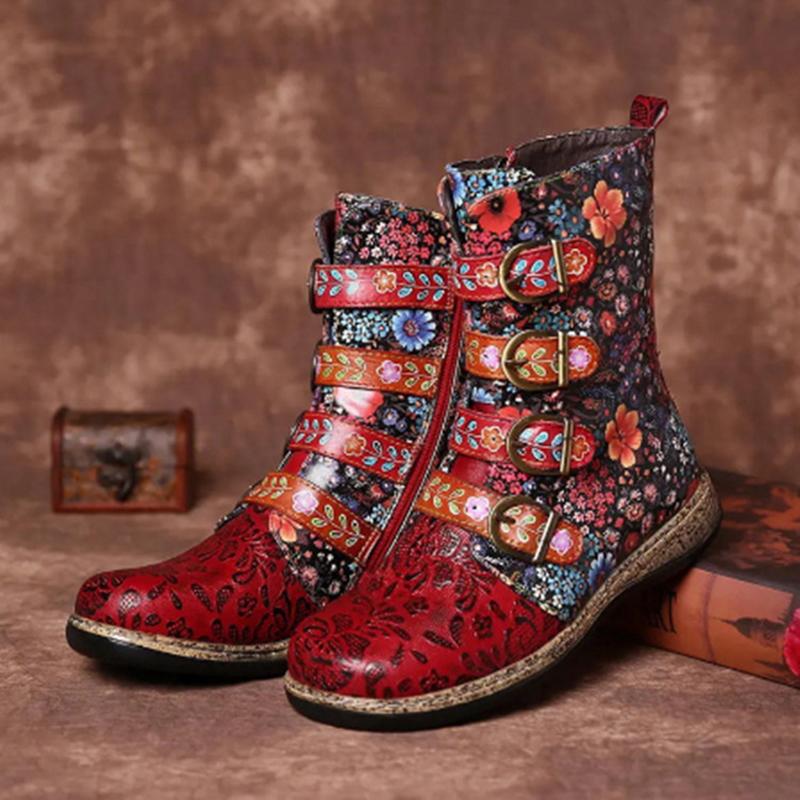 Women New Fashion Folk Custom Flower Printed Winter Fall High Cut Buckle Strap Flat Boots