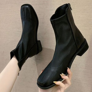 Women's black zipper ankle boots square toe chunky low heel zipper boots