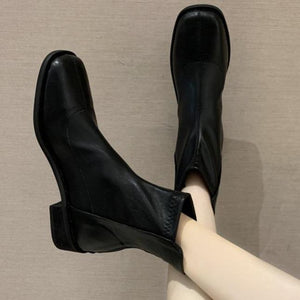 Women's black zipper ankle boots square toe chunky low heel zipper boots