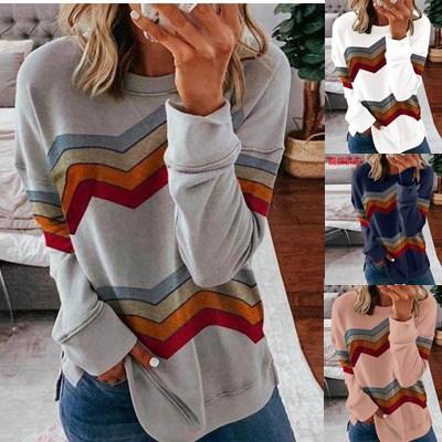 Women color block stripes long sleeve pullover crewneck sweatshirt
