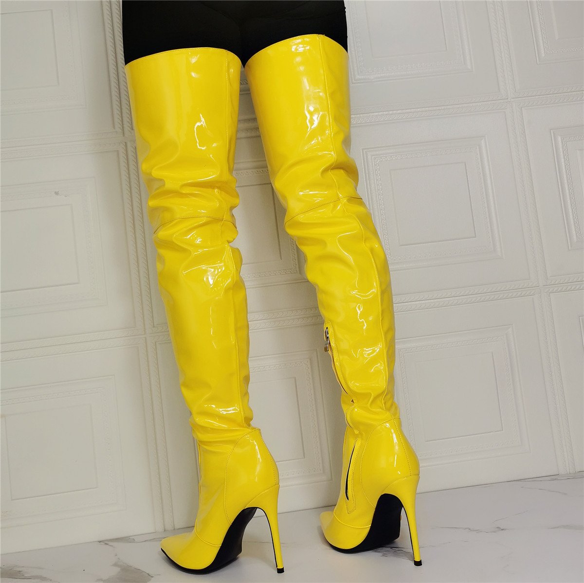 Women sexy yellow stiletto heel pointed toe thigh high boots