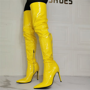 Women sexy yellow stiletto heel pointed toe thigh high boots