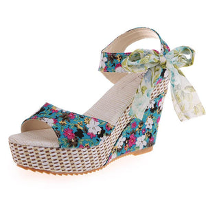 Women's floral print boho platform wedge sandals with buckle strap