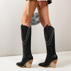 Women chain d¨¦cor chunky high heel pointed knee high boots