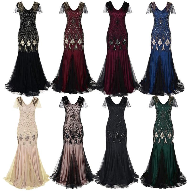 1920s Vintage sequins lace patchwork premium evening gowns bridesmaid party prom maxi dress evening gown