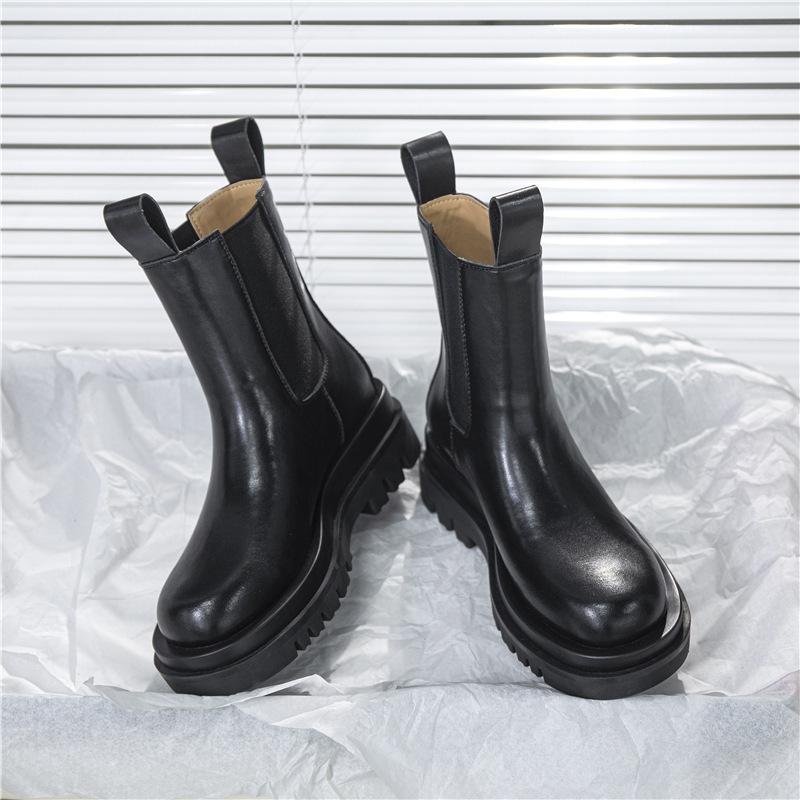 Women Fashion Fall Round Toe Chunky Heel Platform Black Chelsea Boots