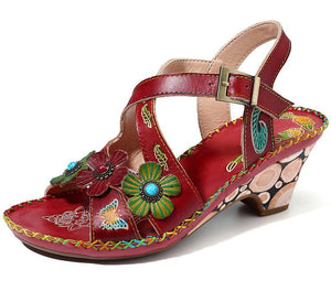 Women flower peep toe ankle strap chunky heel sandals