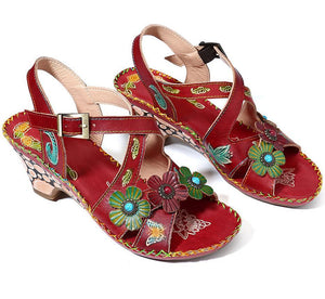 Women flower peep toe ankle strap chunky heel sandals
