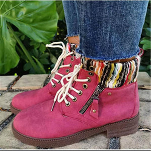 Women Casual New Fashion Lace Up Ankle Zipper Red Boots