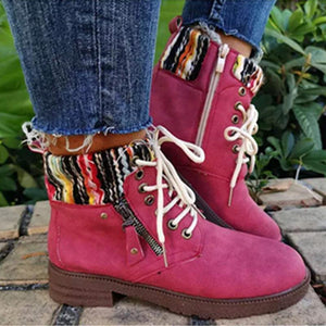 Women Casual New Fashion Lace Up Ankle Zipper Red Boots