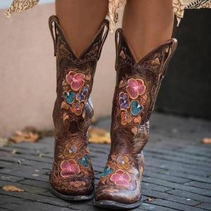 Women's vintage flower embroidery cowboy boots pointed toe mid calf ...
