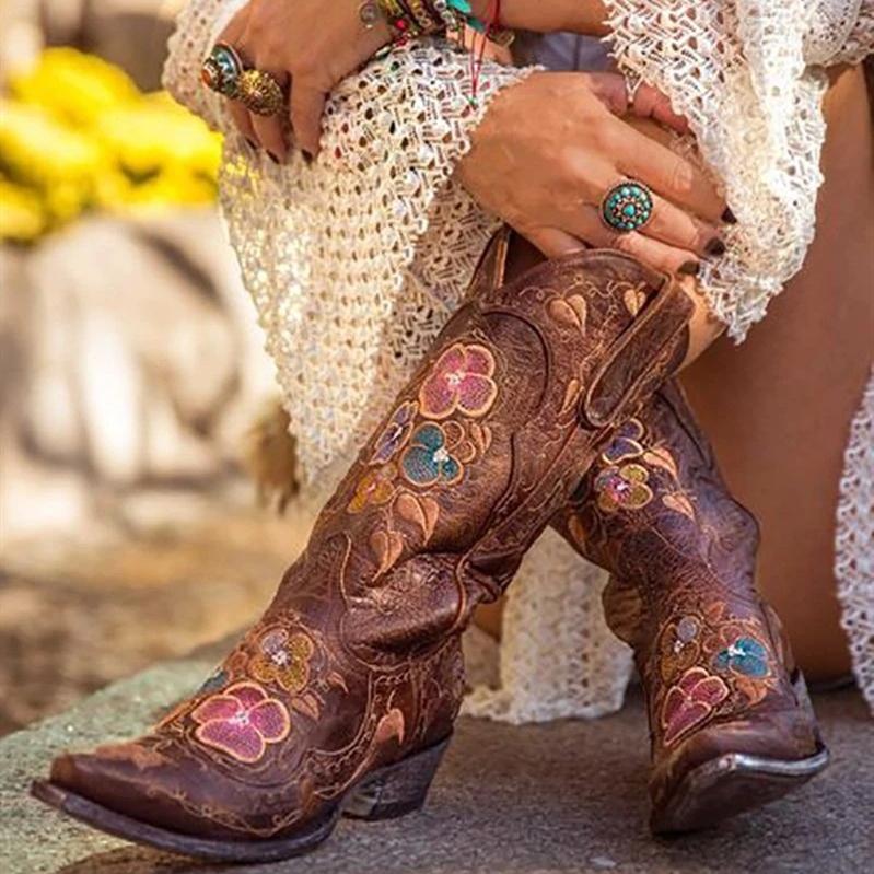 Women's vintage flower embroidery cowboy boots pointed toe mid calf cowgirl boots