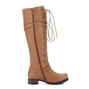 Women buckle strap criss cross lace up knee high boots