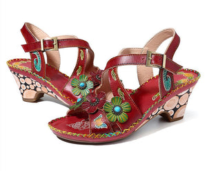Women flower peep toe ankle strap chunky heel sandals