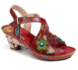Women flower peep toe ankle strap chunky heel sandals